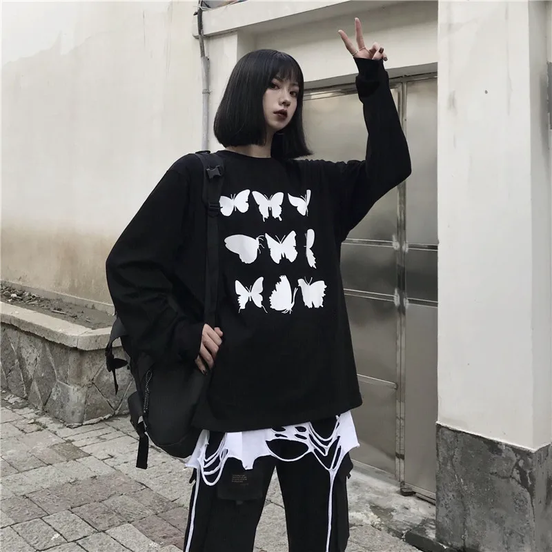 Neploe Ins Harajuku стиль уличная одежда для влюбленных унисекс футболки с круглым вырезом и принтом бабочки футболка с длинным рукавом низ Свободный Повседневный женский топ