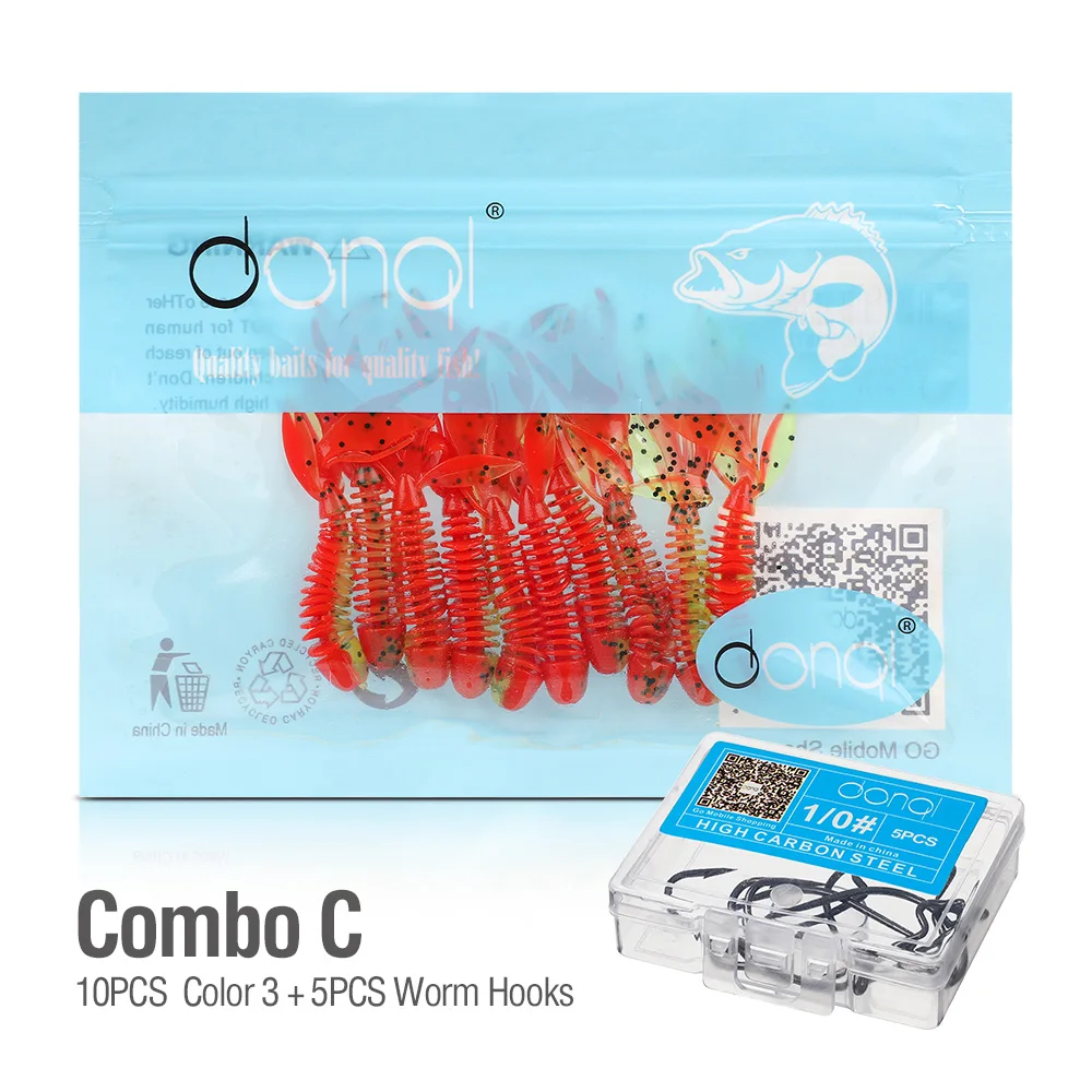 DONQL 10Pcs Soft Silicone Fishing Lure Artificial Worm Rubber Soft Swimbait Lifelike Fishy Smell Lures With 5Pcs Crank Fishhook - Цвет: Combo C