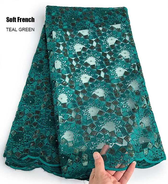 Teal green Очень мягкий 5 ярдов Африканский французский кружевной тюль ткань с блестками уникальная нигерийская повседневная одежда швейная одежда - Цвет: Teal green
