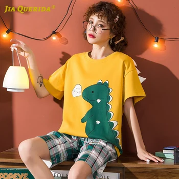 

New Plaid Printing Cartoon Printing Crew Neck Pajamas Set Homesuit Homecothes Fashion Style Short Sleeve Short Pants Sleepwear