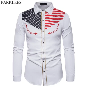 

Men's American Flag Embroidered Button Down Shirt Causal Long Sleeve Slim Fit Mens Dress Shirts Western Cowboy Costume Camisas