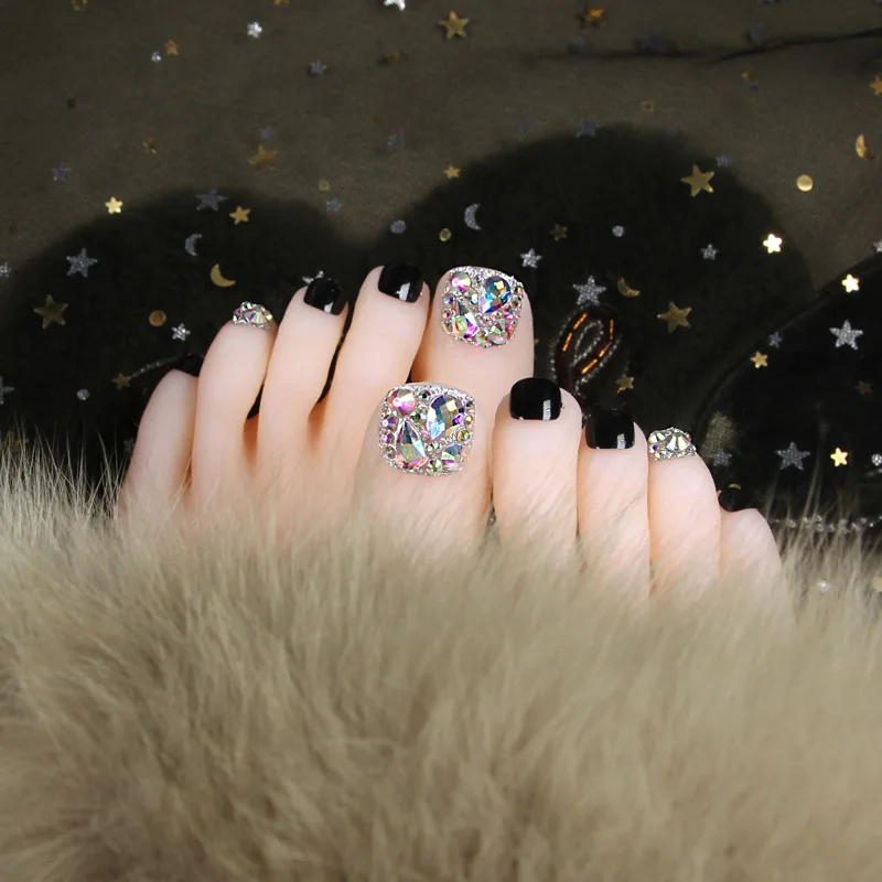 

24pcs Shining diamond Design False Toe Nails Gradient black metal texture Marble Artificial Press On Toenails Fake Nails