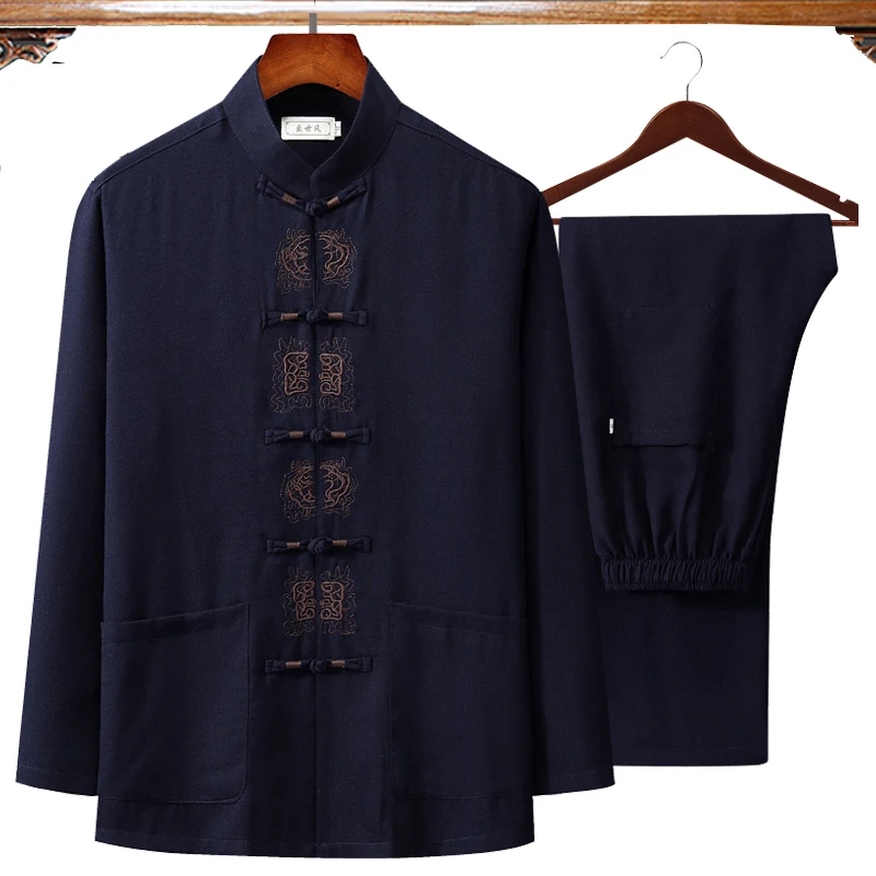 navyblue 2 Осень, Новая китайская мужская одежда с вышивкой из хлопка и льна, рубашка с длинными рукавами и длинные штаны, костюм кунг-фу Тай Чи 4XL - Цвет: navyblue 2