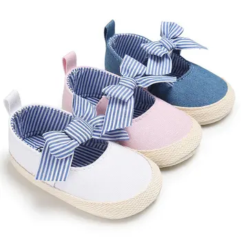 

Baby Girls Shoes Striped Bow Toddler Princess Crib Shoes Baby First Walkers Newborn Soft Soled Anti-Slip Shoe 0-18M