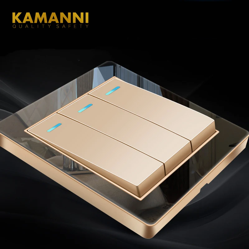 

KAMANNI Luxury Crystal Tempered Glass Panel 3 Gang 2 Way Light Switch On / Off Wall Switch With Luminous Indicator 16A AC 250V