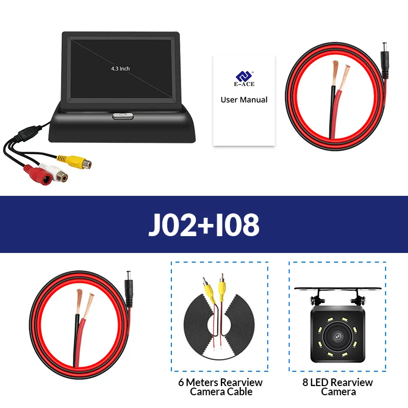 E-ACE J02 автомобильный монитор 4,3 дюймов TFT lcd Складная камера s NTSC PAL обратная камера парковочная система для автомобильных мониторов заднего вида - Цвет: J02-I08