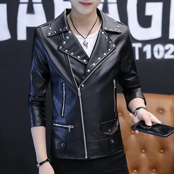 

Men's 2020 autumn new Slim personalized short paragraph oblique zipper leather jacket PU leather rivet youth