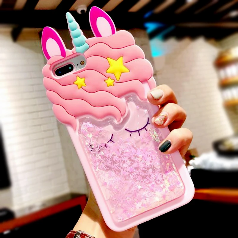 3D Cartoon Pink Quicksand Unicorn Soft Silicone Liquid Stars Case for Iphone 7 Plus 8 6 6S plus 5 S 5S SE XS Max XR X Phone Case (2)