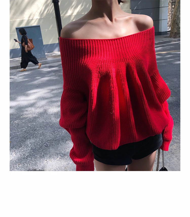 Рождество красный Шир сексуальный женский пуловер свитер леди Slash шеи шнурок Свободный вязаный Топ Теплые Ретро Свитера Ruched джемперы