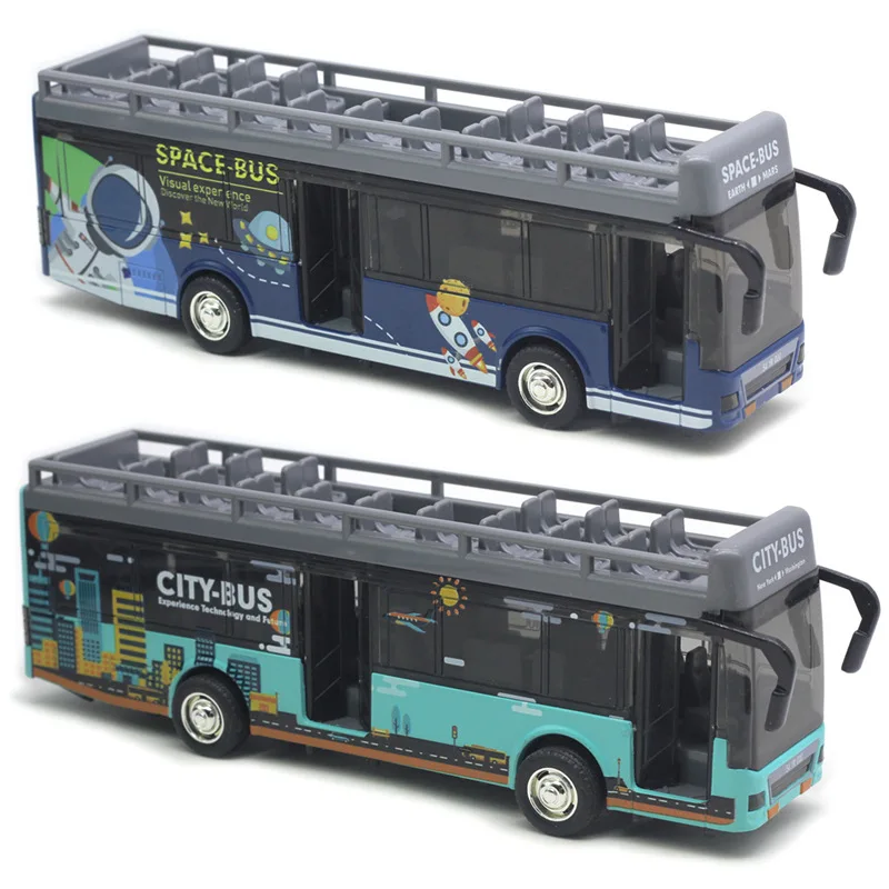 Scale 1:50 1:36 Alloy ABS City Convertible Sightseeing Tour Bus Model Car  Pull Back Sound Light Effect kids Model Toys For Gift 1 32 scale coaster government alloy diecast metal car affairs bus simulation model sound light toys vehicle collection