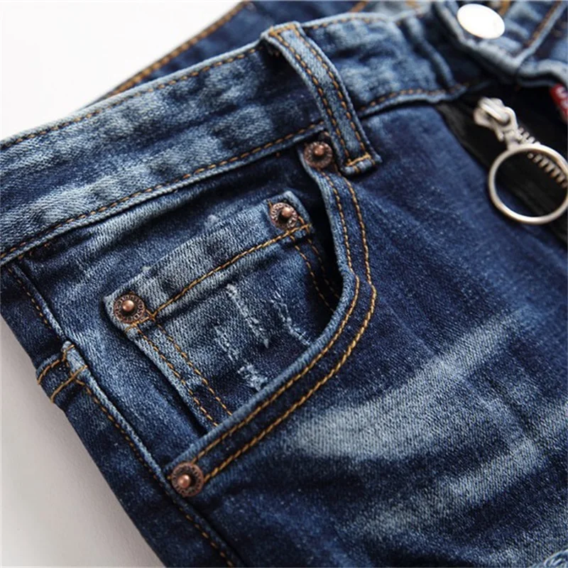 EH·MD® Double-layer Scratched Ripped Jeans Men's Zipper Decoration Splashed Ink Soft Slim Cotton Stretch Pants Four Seasons 2022