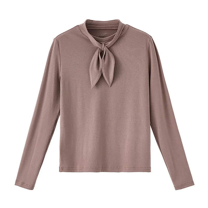 Khaki INMAN Spring New Arrival Solid Color Rabbit ears Tie Neck Knit Basic Minimalist Women Long Sleeve T-Shirt - Цвет: Khaki