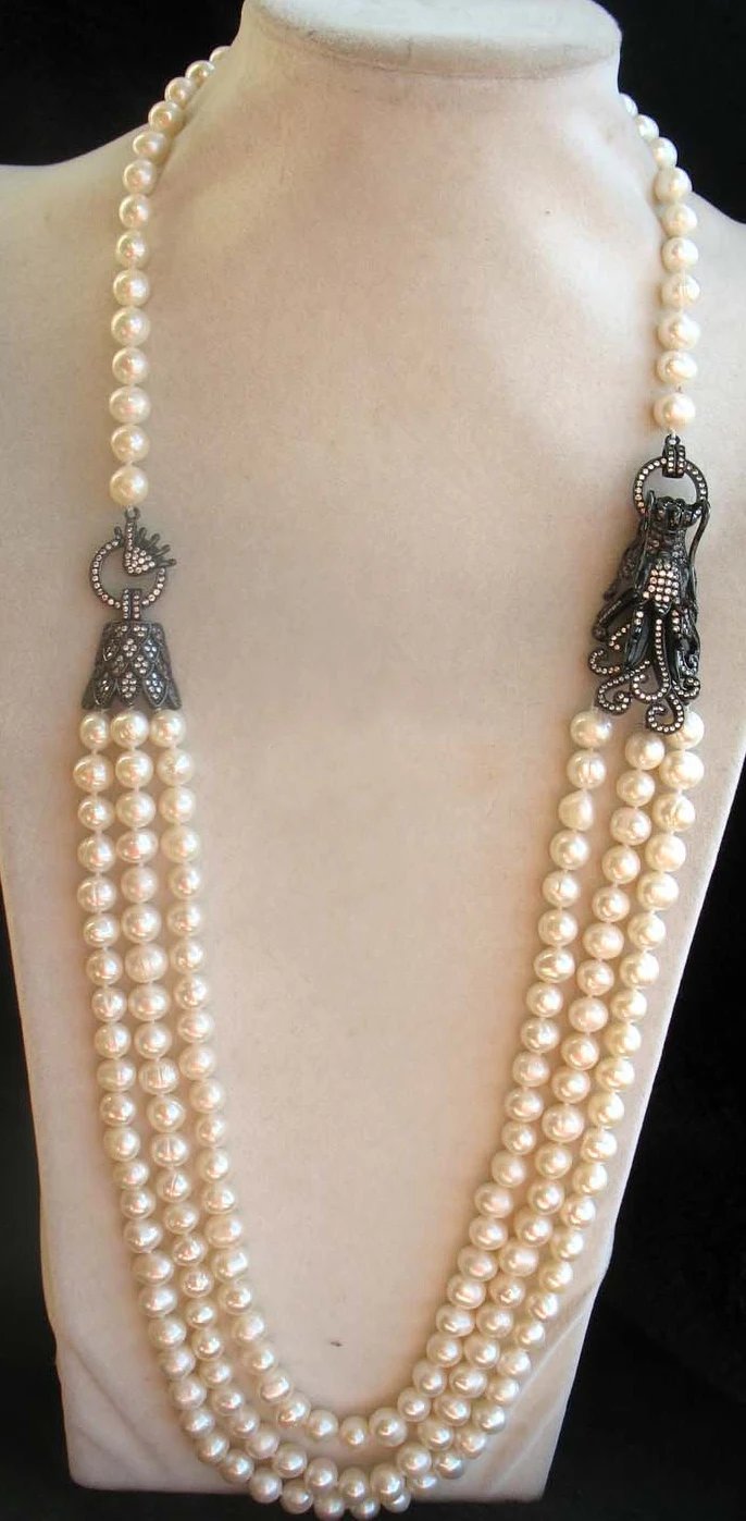 

HABITOO 3 Rows Freshwater Pearl Near Round 8-9mm Necklace 28-30inch Jewelry Chains Necklace for Woman жемчужное ожерелье
