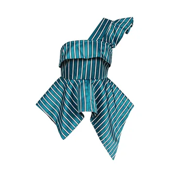 

Women Shirt Asymmetric Sleeveless Striped Shirt 2020 Spring New Slim-fit Slim Collar Irregular Top