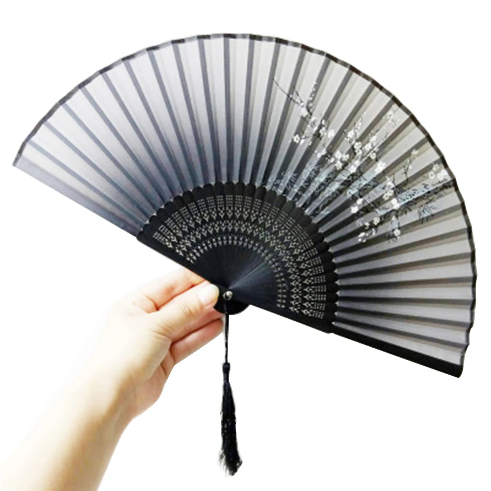 Black 1PC Practical Folding Hand Held Fan Colorful Beautiful Handmade Silk Chinese - Color: Black
