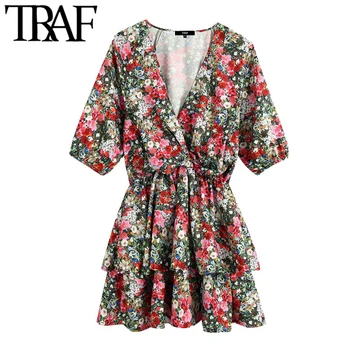 

TRAF Women Chic Fashion Floral Print Knot Ruffled Mini Dress Vintage Puff Sleeve Elastic Waist Female Dresses Vestidos