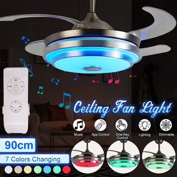

LED Modern bluetooth Music Fan Light Ultra-quiet Intelligent Remote Control Telescopic Ceiling Fan Light Restaurant Living Room