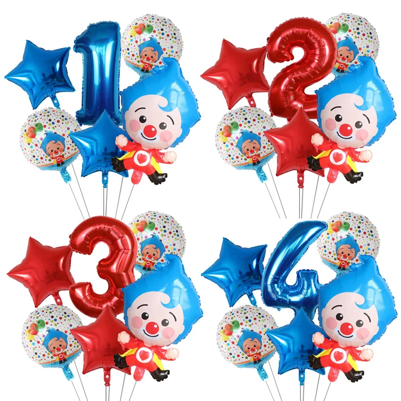Plim Clown Foil Helium Balloons 6pcs/Set Red Number Balls Air Globos Children's Happy Birthday Party Decorations Kids Toys Gifts
