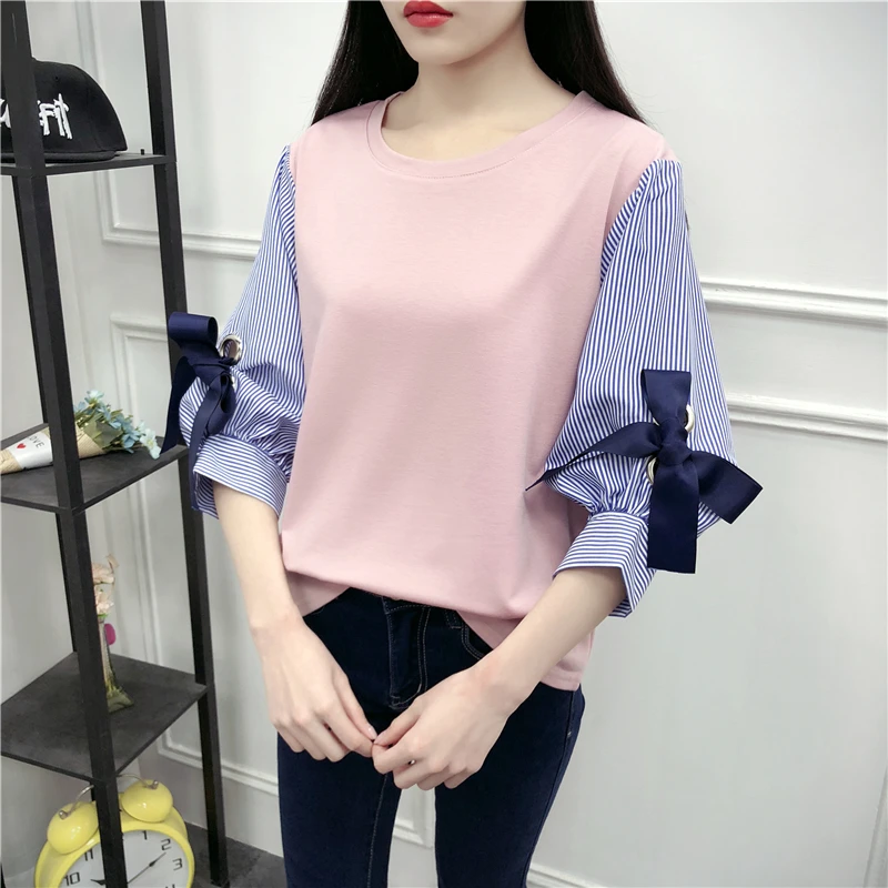 Dingaozlz Spring Autumn New Korean Casual Tops Fake Two Pieces Loose Stripe shirt lantern sleeve Women blouse - Цвет: pink