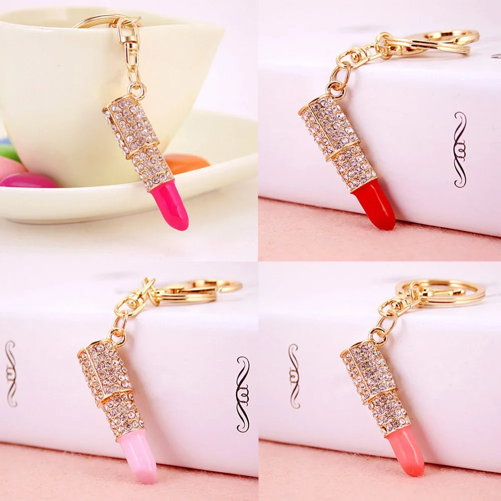 Fashion Design 1Pc Crystal Rhinestone Lipstick Keyring Golden Charm Pendant Bag Purse deroration Car Key Chain Gift