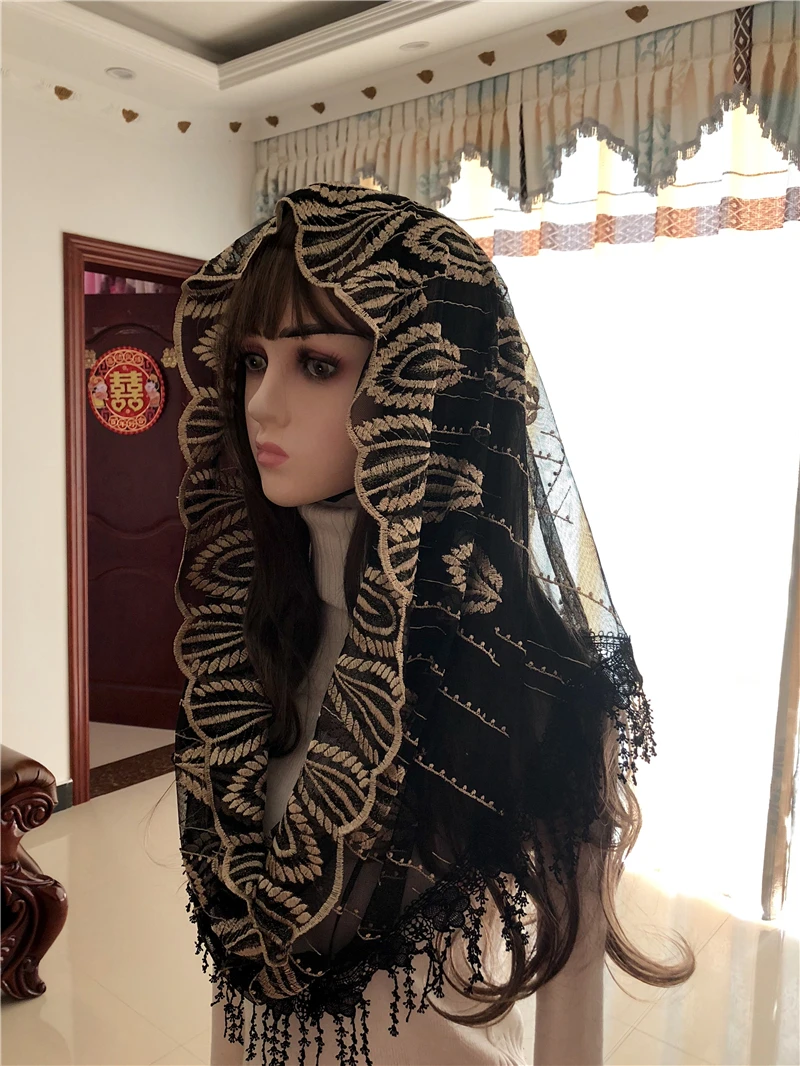 

Women's Catholic Veil Head Covring Mass Jerusalem Muslim Shawl Church Chapel Voiles Dentelle Velas Mantillas Ring Style Black