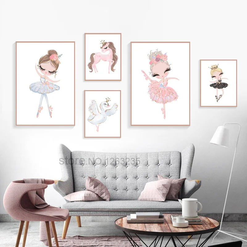 Ballet Princess Nursery Nordic Poster Unicorn Wall Art Canvas Painting Swan Pictures For Children Room Kid Cuadros Unframed | Дом и сад