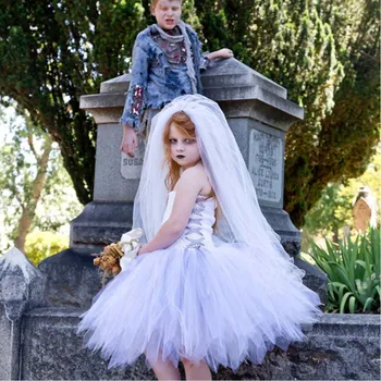

Kids Girls Halloween Cosplay Costumes Scary Ghost Bride Ball Gown Dress with Veil Luxury Scary Carnival Zombie Tutu Dress