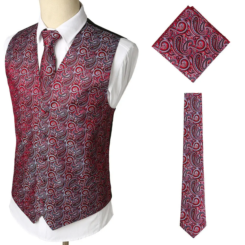 Hot Mens Black Waistcoats Slim Fit Men 3pcs Vest+Necktie+Handkerchief Set Paisley Jacquard Tuxedo Suit Vest For Party Wedding
