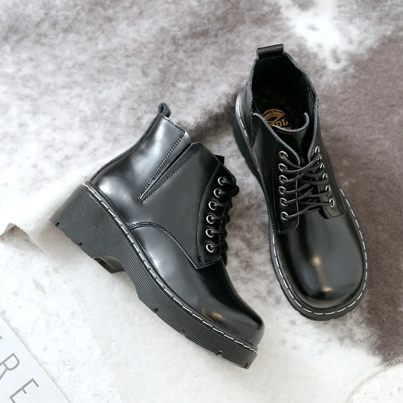 

Martin Boots Women's Short Round Head Retro Academy Wind Short Boots High Help Plus Velvet Muffin Leather Shoes 35-40