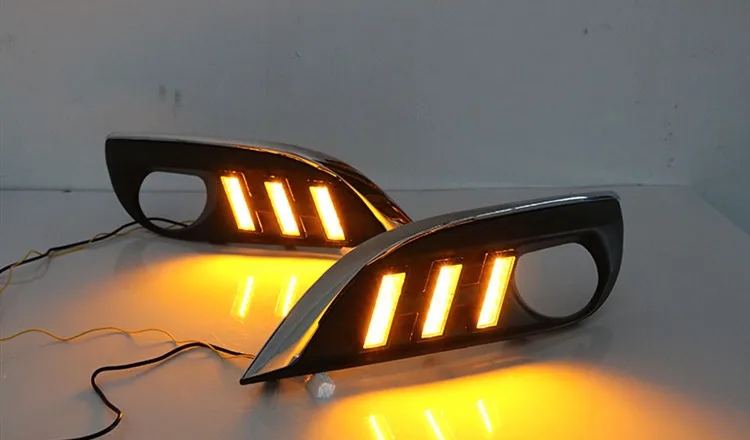 EOsuns led drl дневные ходовые огни для peugeot 308 2012- с динамическим движущимся желтым поворотным сигналом и синим ночным светом
