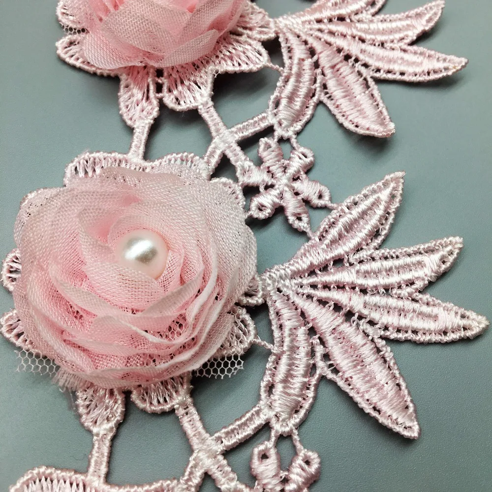 1 ярд розовый жемчуг 3D цветок вышитый бисером ручной работы кружевной край обрезанная лента аппликация нашивки ткань шитье ремесло свадебное платье