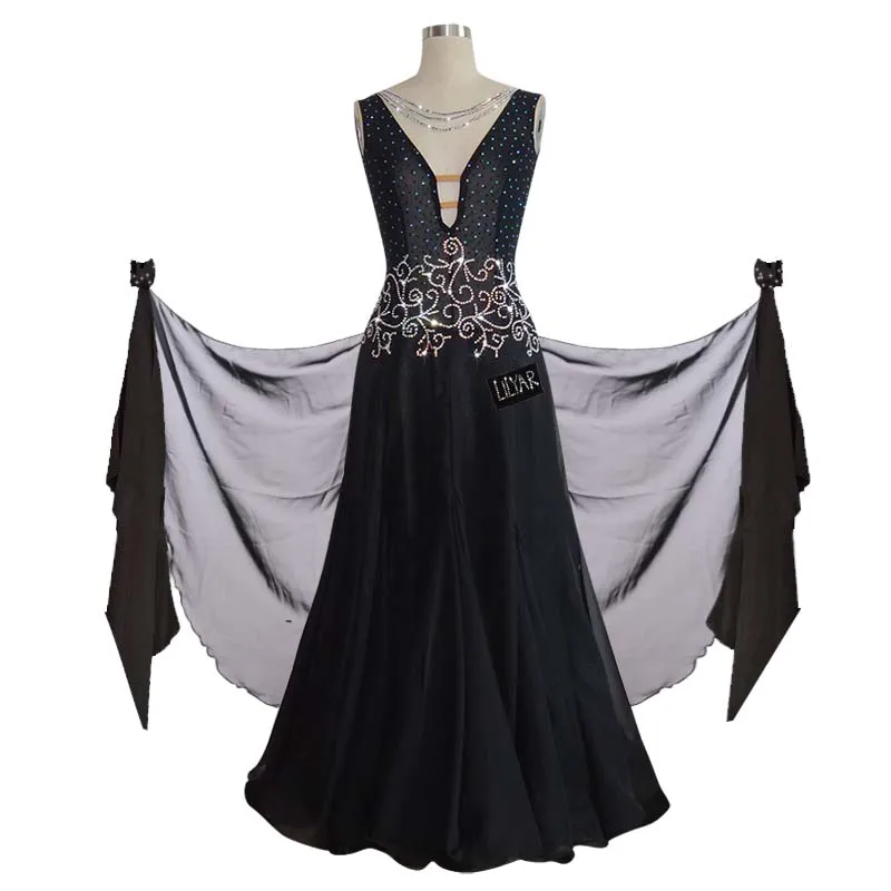 Ballroom Dance Standard Skirt Competition Costumes Performing Dress Customize Adult Kids Deep V-neck Bla