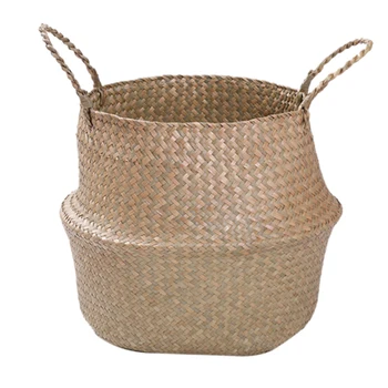 

Woven Storage Basket Laundry Blanket Seagrass Flower Basket Folding Belly Bucket with Straw Handles - Natural Color
