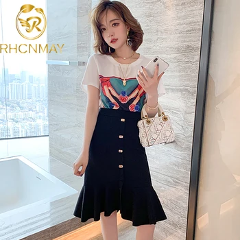 

New Women Fashion 2 Piece Set Summer Print High Heels Short Sleeve T-Shirt + Elegant Ruffles Single Breasted Knee Skirt Suits