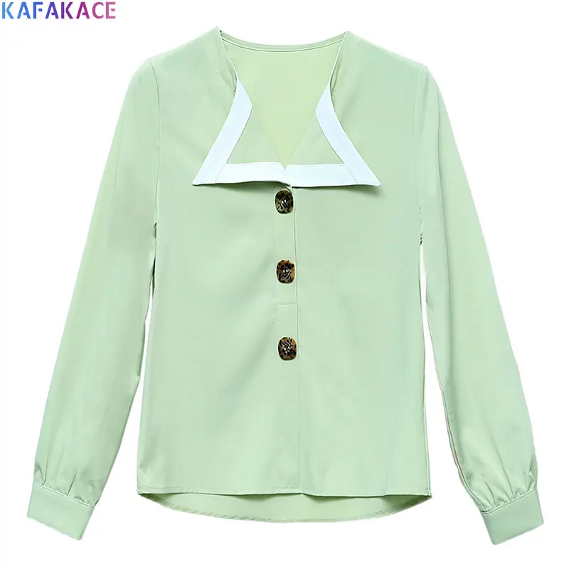 

KAFAKACE 2020 Lapel Blouses Shirts Women Tops Sweet Autumn Patchwork Design Lady Shirts Elegant Vintage Fashion New Clothing