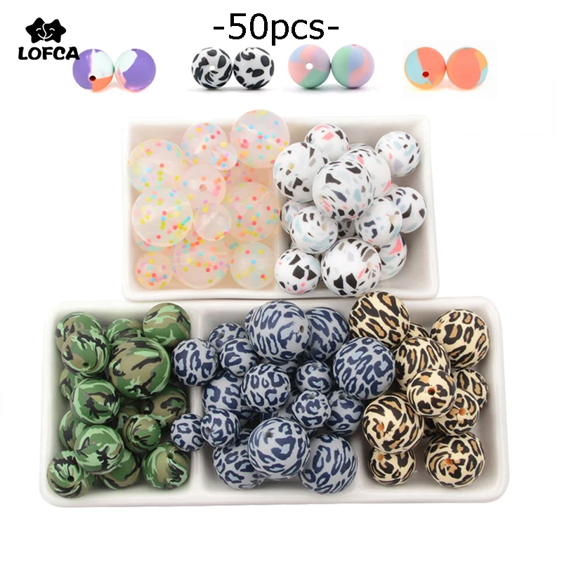 

LOFCA 50pcs Leopard print 12/15/19mm Silicone Beads Baby Teether Teething Beads Tie-dye DIY Chewable Colorful Teething