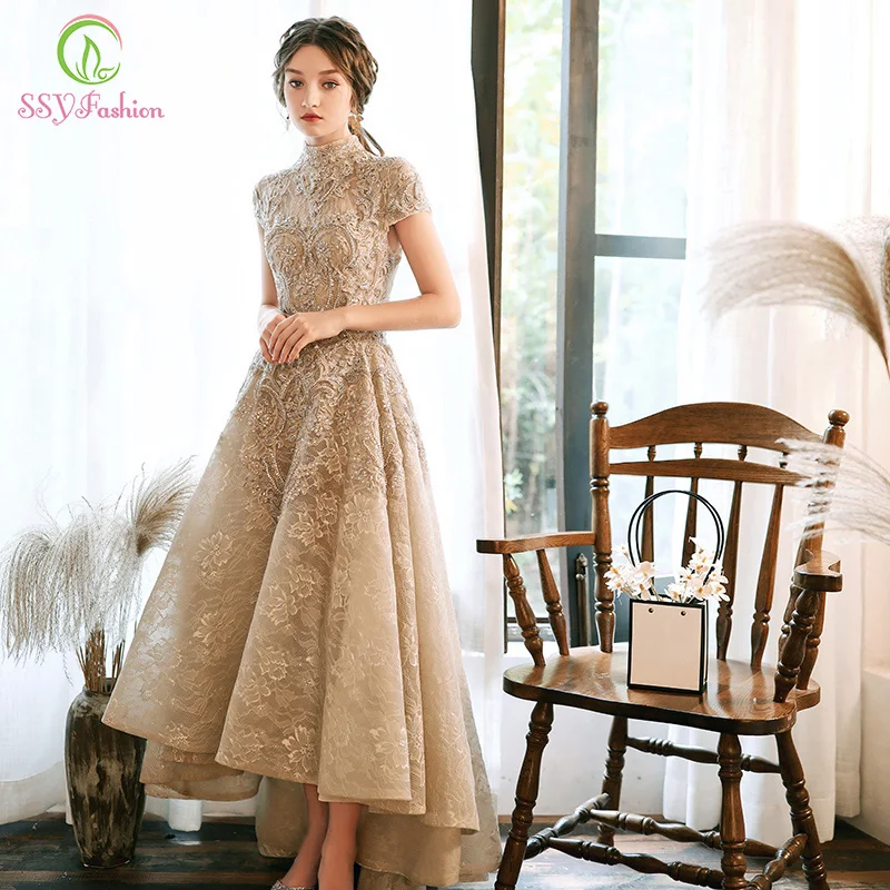 

SSYFashion New Luxury Evening Dress Banquet Elegant Grey Lace Sequins Short Front Long Back Prom Formal Gown Vestido De Noche