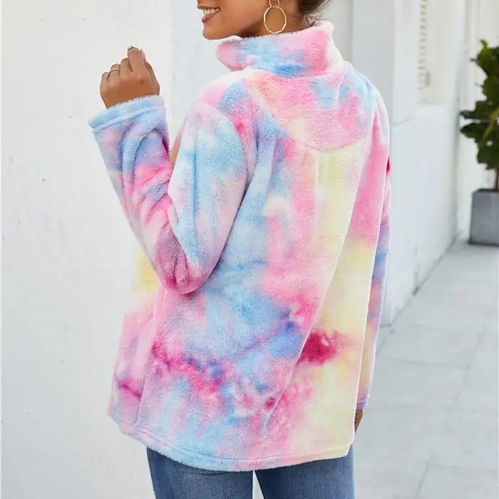 Пушистые толстовки на молнии с принтом «Tie Dye», радужные флисовые толстовки на молнии с отворотами, женские зимние модные облегающие пуловеры, пушистые наряды