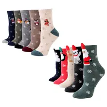 4 Pairs Women Christmas Holiday Long Crew Socks Cute Cartoon Cotton Hosiery Gift