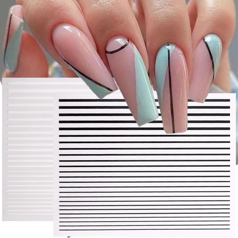 1pc Black White 3D Nail Stickers Metal Gold Silver Geometric Tassel Strip Line Adhesive Transfer Decals Art DIY Design | Красота и