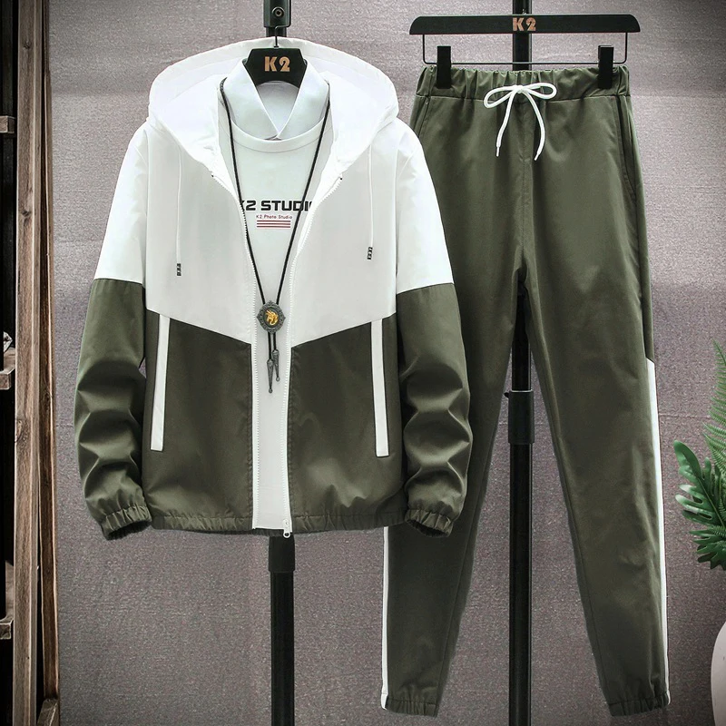 Men Tracksuit Pants Hoodies-Sets Jackets Streetwear Casual New Hip-Hop Male Patchwork
