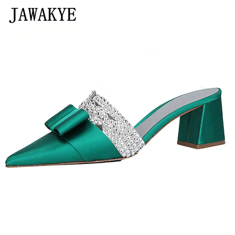 JAWAKYE/тапочки со стразами на не сужающемся книзу массивном каблуке; женская обувь с острым носком; Шелковый бант с кристаллами; обувь на высоком каблуке; красные, зеленые, синие шлепанцы; обувь для вечеринок