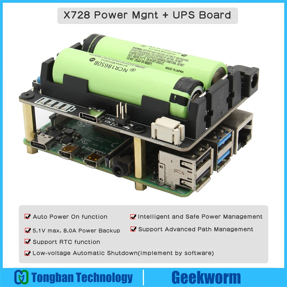 Raspberry Pi 18650 UPS(Max 5,1 V 8A), x728 Power Mangement Bord mit Auto Power Auf & Sicher Abschaltung für Pi 4 Modell B / 3B + / 3B