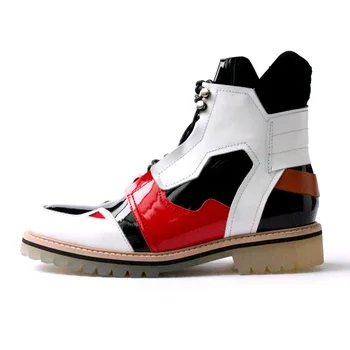 

Mens New Designer Top Casual High Street Fashion Ankle Boots Runway Genuine Leather Med Heels Punk Mixed Color Shoes