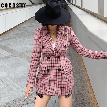 

Autumn Winter For 2020 Women Plaid Blazer Long Sleeve Double Breasted Vintage Female Lattice Shoulder Retro Suit Jackets