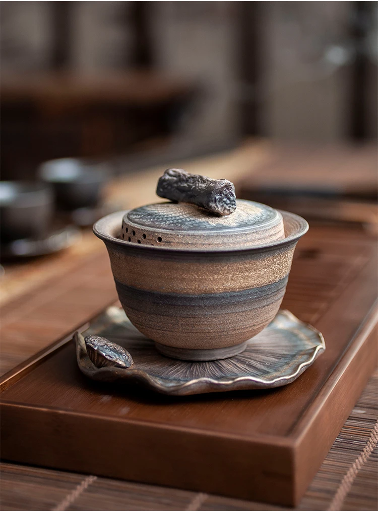 Винтажная японская грубая керамика Gaiwan, чайная супница, ржавчина, глазурь, ручная работа, керамическая чайная чашка, чайная чаша, домашний декор