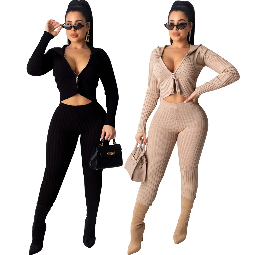 Two Piece Sets Knitted Suit Women Autumn Winter Tracksuits Casual Hooded Sweatshirts Sports Long Sleeve Top And Pants |