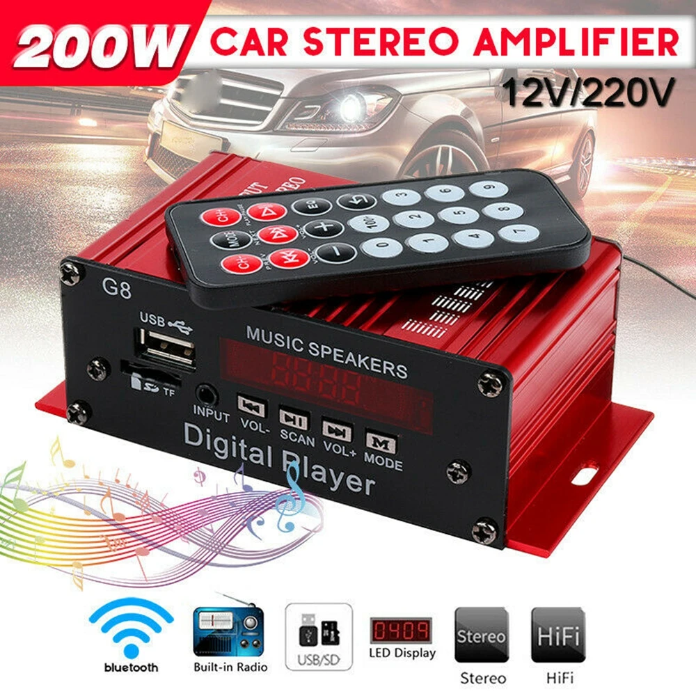 

12V 200W 2CH Mini Digital Bluetooth HIFI Audio Power Amplifier Car Audio Amplificador Stereo Amplifiers FM Radio USB W/Remote