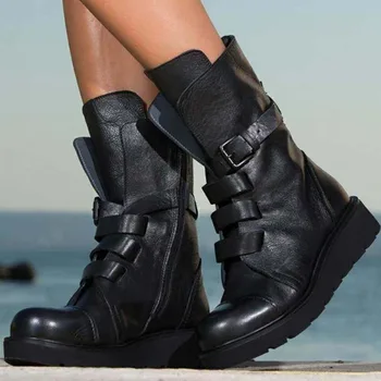 

INS Cool Female Buckle Motorcycle Boots Wedges Casual Cool Mid Calf Women Boots Designer Brand Autumn Winter Shoes Woman
