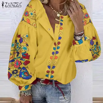 

Bohemian Puff Sleeve Shirts Womens Printed Blouse 2020 ZANZEA Spring Shirts Female Floral Blusas Button Tunic Plus Size 5XL